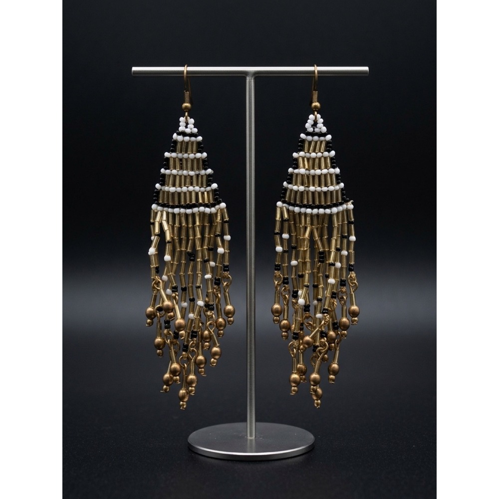 Boho Gold Black White Beaded Fringe Chandelier Shoulder Duster Earrings